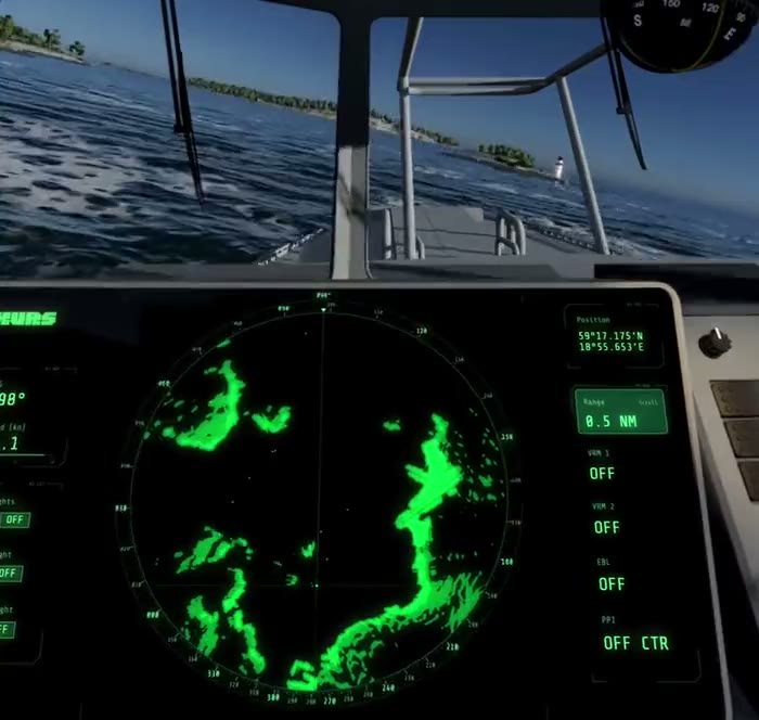 Utsikt ur båtens hytt, med radarskärmen i förgrunden.